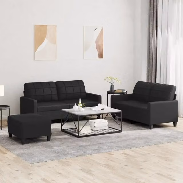 Set di divani 3 pezzi vidaXL in similpelle nera con cuscini per soggiorno in stile moderno – 1