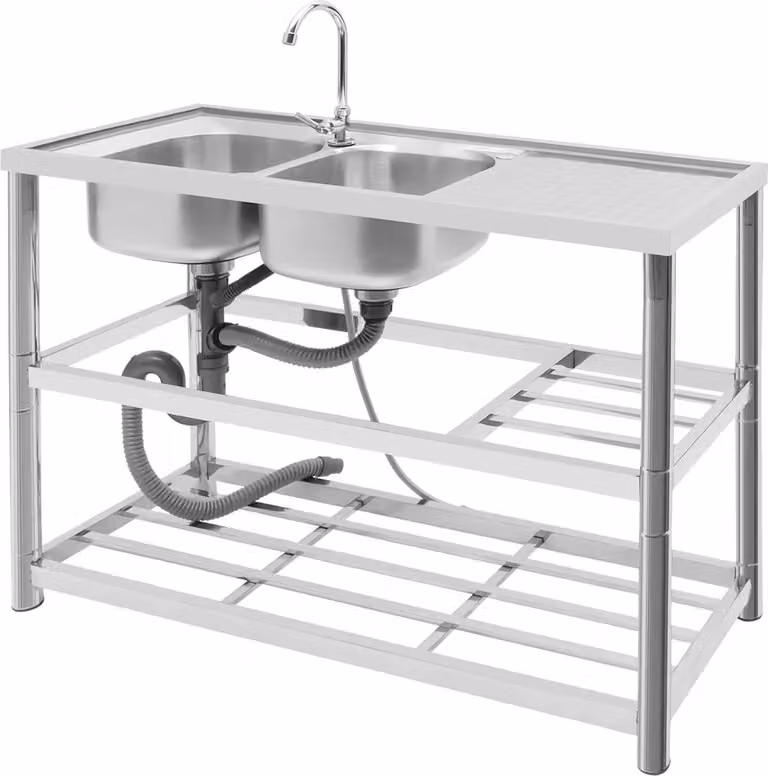 Lavello in acciaio inox, design a doppia vasca, struttura resistente, argento