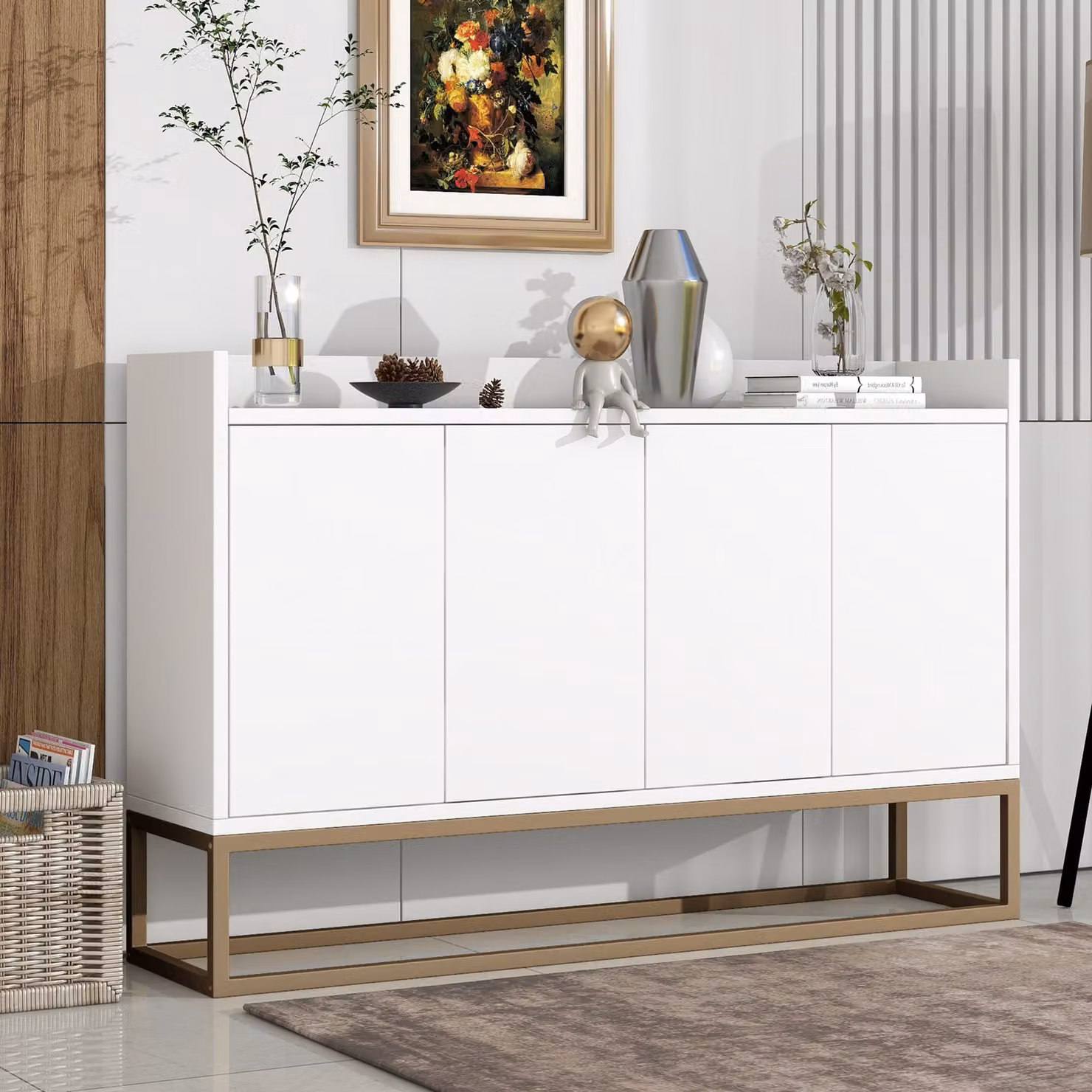 Bella cassettiera moderna a 4 ante da 120 cm per sala da pranzo, soggiorno, cucina - bianco