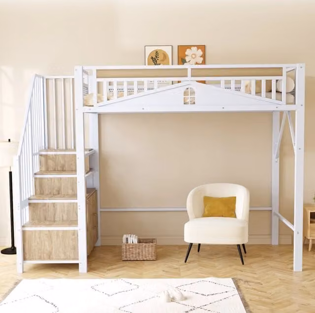 Letto a soppalco in metallo 90×200 cm bianco con scale contenitore e finestra