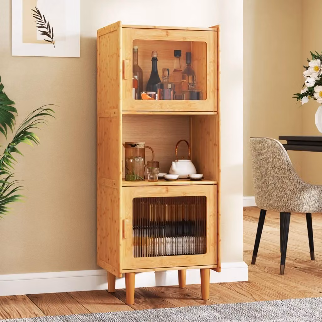 Mobile da soggiorno e cucina in bambù DESIGN IN con ante in vetro e scomparto aperto, colore marrone naturale, L: 130 cm, H: 49,5 cm, P: 40 cm – 2