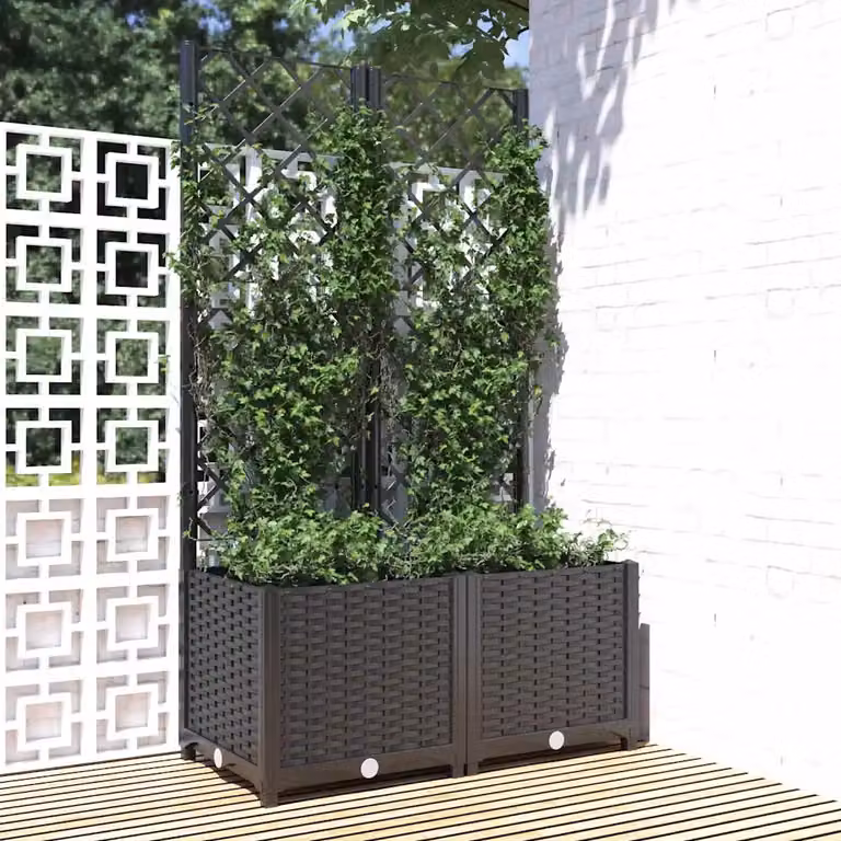 Fioriera da giardino con traliccio vidaXL nera in plastica L: 80 cm, P: 40 cm, H: 136 cm
