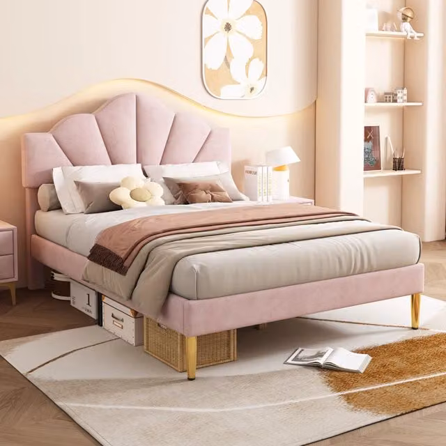 Letto Imbottito REDOM in Velluto Rosa con Testiera Regolabile L/P/H: 195 x 140 x 120 cm