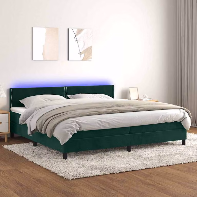 Letto Ibrido vidaXL con Materasso, Illuminazione LED e Porte USB, Velluto Verde Scuro, L 200 cm x P 200 cm x H 203 cm