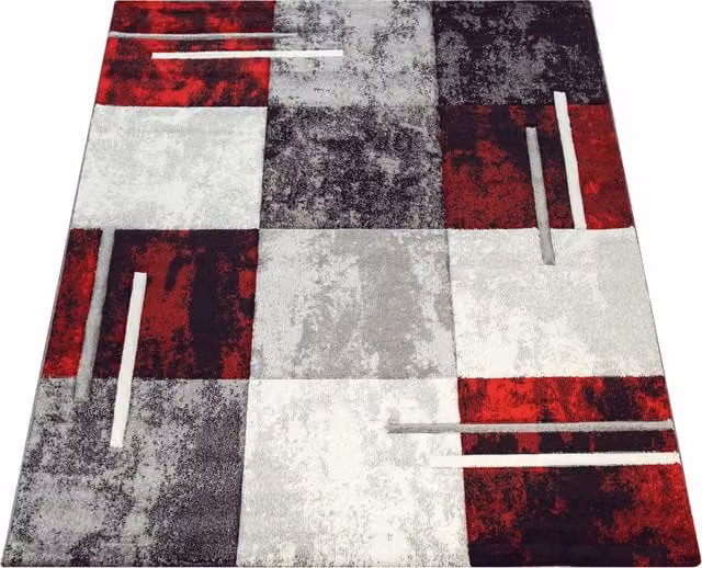 Tappeto moderno Diamora con effetto alto-basso, motivo geometrico, multicolore rosso, nero, grigio e bianco, L: 80 cm, P: 300 cm