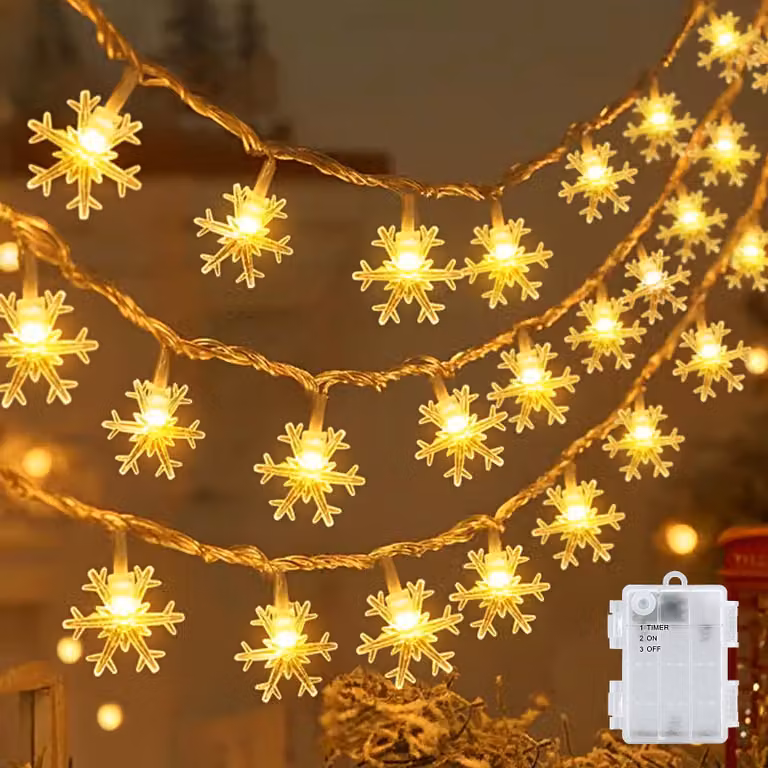 Catena luminosa a LED a forma di fiocchi di neve, lunghezza 6 metri, 40 LED, alimentazione a batteria, timer, grado di protezione IP65
