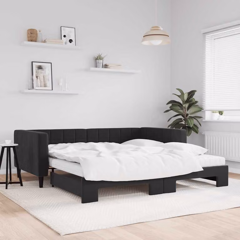 vidaXL Divano Letto Estraibile in Velluto Nero con Materasso L/P/H: 223 x 100 x 68 cm
