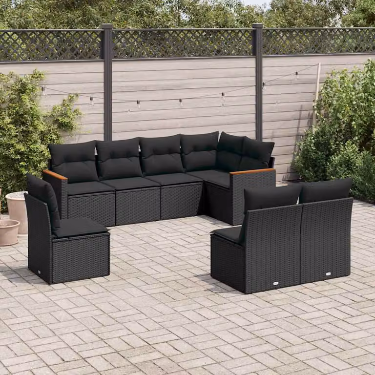 vidaXL Set di Divani da Giardino a L in Polyrattan Nero con 8 Cuscini e Coperture Rimovibili