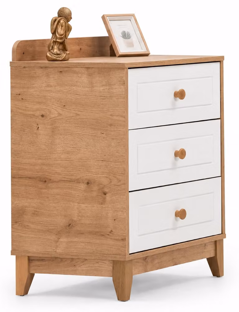 Comodino scandinavo in legno chiaro con tre cassetti bianchi