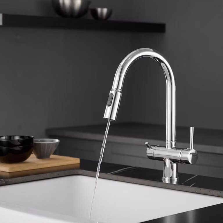 Miscelatore da cucina a tre vie, estraibile, in ottone, con due maniglie, compatibile con sistemi di osmosi, girevole, monoblocco