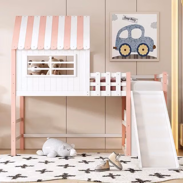 Letto bambini - Xylo - 90x200 cm con scivolo rosa
