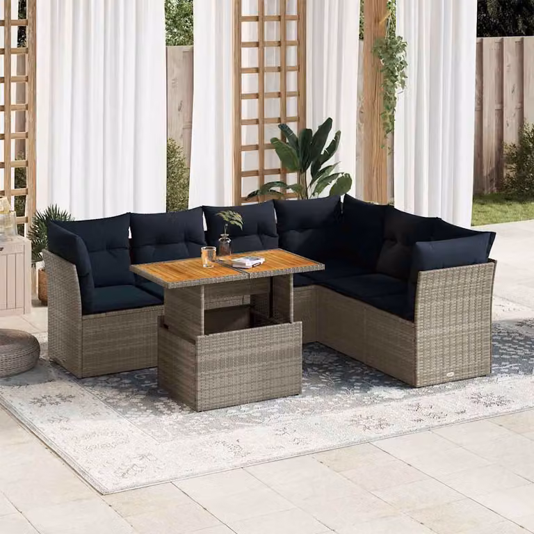 Set Divani da Giardino vidaXL 7 Pezzi a Forma di L con Tavolino e Cuscini, Polyrattan e Legno di Acacia, Grigio e Blu