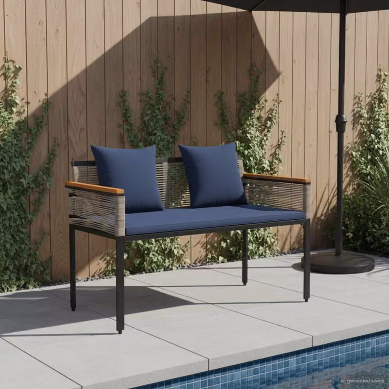 Panchina da esterno a 2 posti vidaXL in polyrattan con cuscini, L: 117 cm, P: 54 cm, H: 74.5 cm