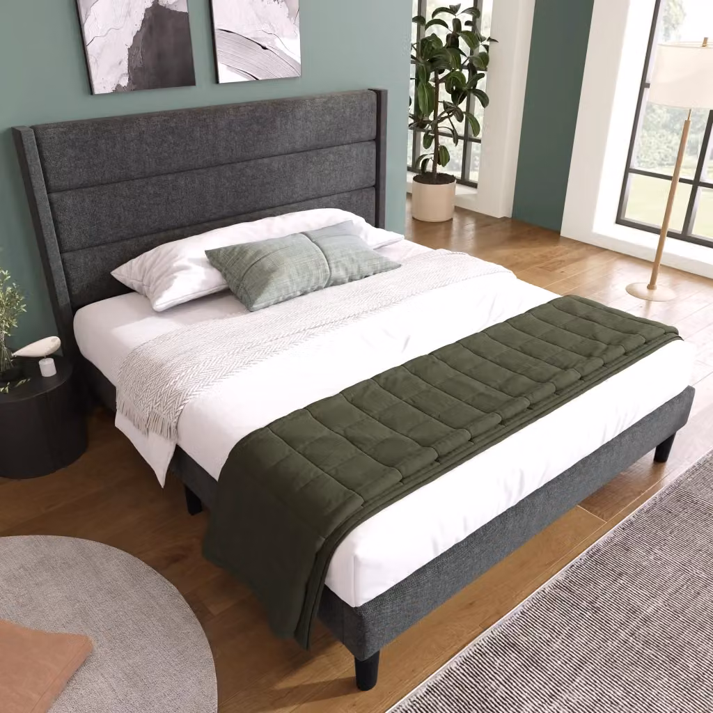 Letto imbottito REDOM in tessuto grigio con materasso ibrido incluso L/P/H: 140 x 200 x 146 cm – 2