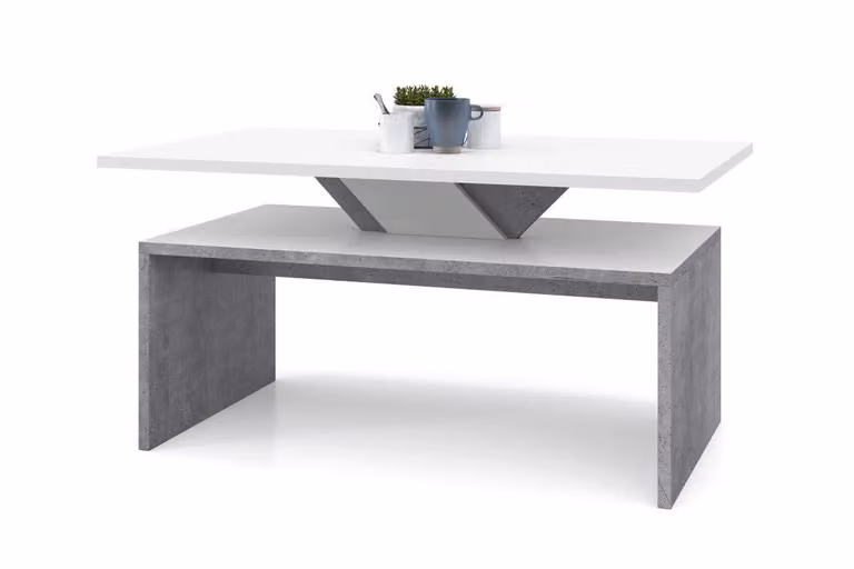 Tavolino All4All Soro, piccolo tavolino da caffè, tavolino per il soggiorno, tavolino da divano con vano portaoggetti, con piano estraibile, dimensioni 100x60 cm, modello 05, colore bianco e cemento Millennium