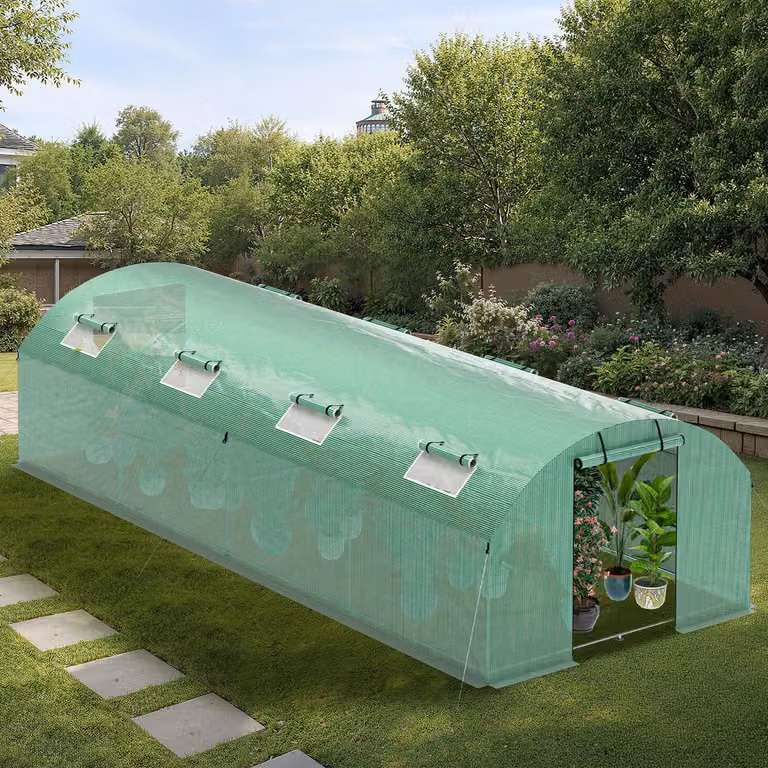Serra in plastica Ikodm con base in tubi zincati 3 × 8 m - 24 m², inclusi picchetti di fissaggio e 8 finestre avvolgibili con zanzariera e resistente ai raggi UV 140 g/m² - Serra per pomodori