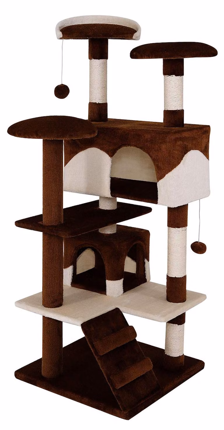 Albero per gatti, altezza 130 cm, con 3 piattaforme, 2 palline di peluche, rivestito in sisal e peluche, nei colori marrone e beige