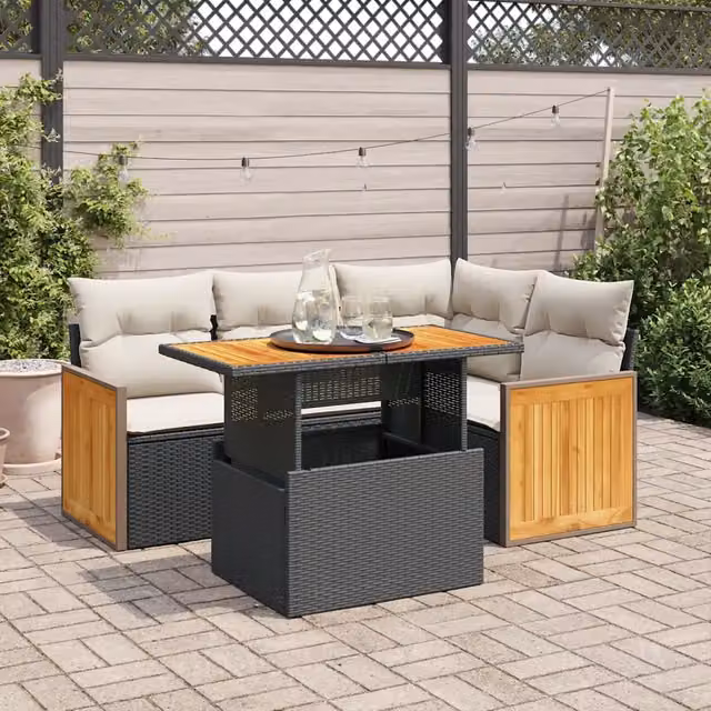 Set Divani da Giardino 5 pz con Cuscini Nero Polyrattan Acacia 3327703