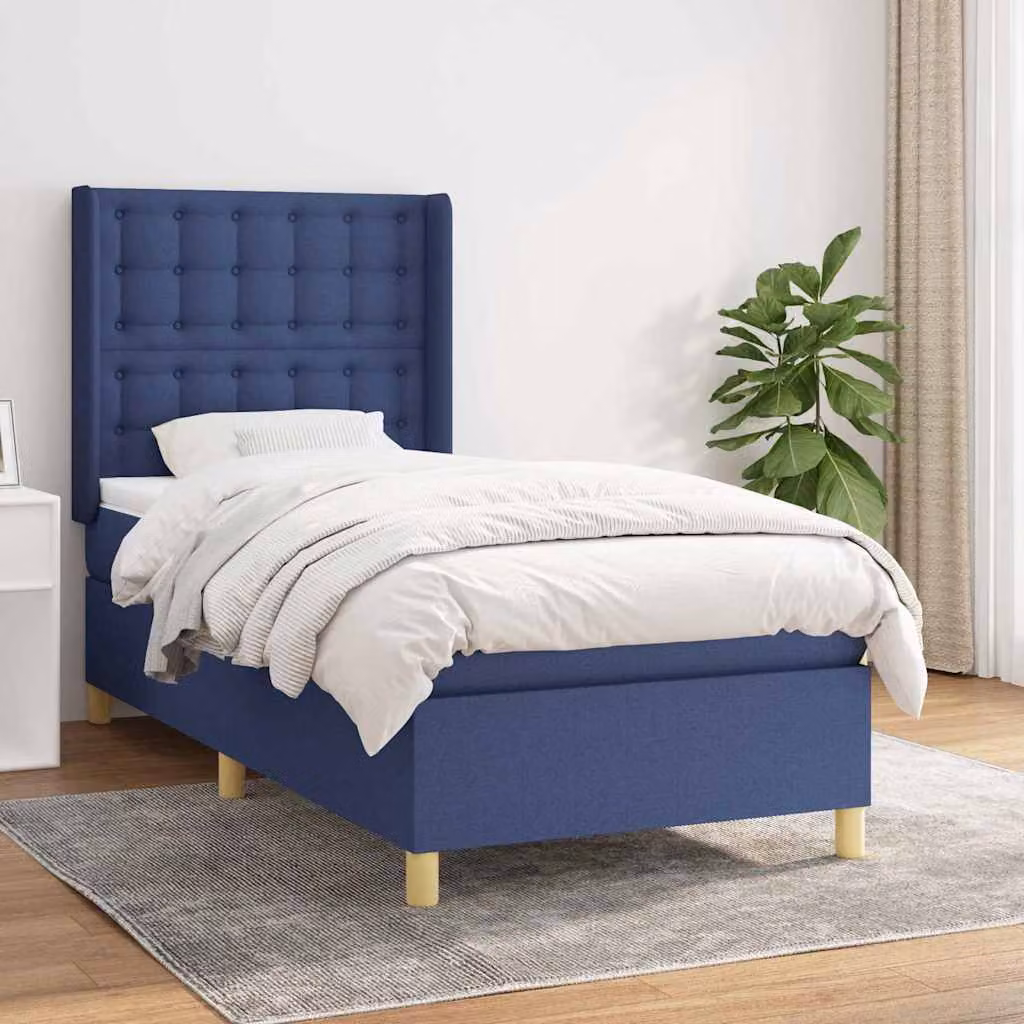 vidaXL Giroletto a Molle con Materasso Ibrido in Tessuto Blu e Bianco L/P/H: 90 x 200 x 128 cm – 1