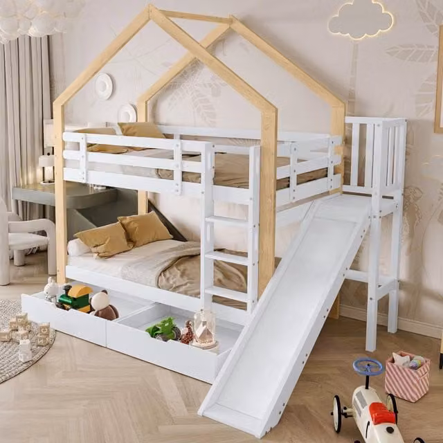Desviae Lit letto a castello bambino 90 × 200 cm con scivolo, scala, 2 cassetti, senza materasso, in legno, bianco