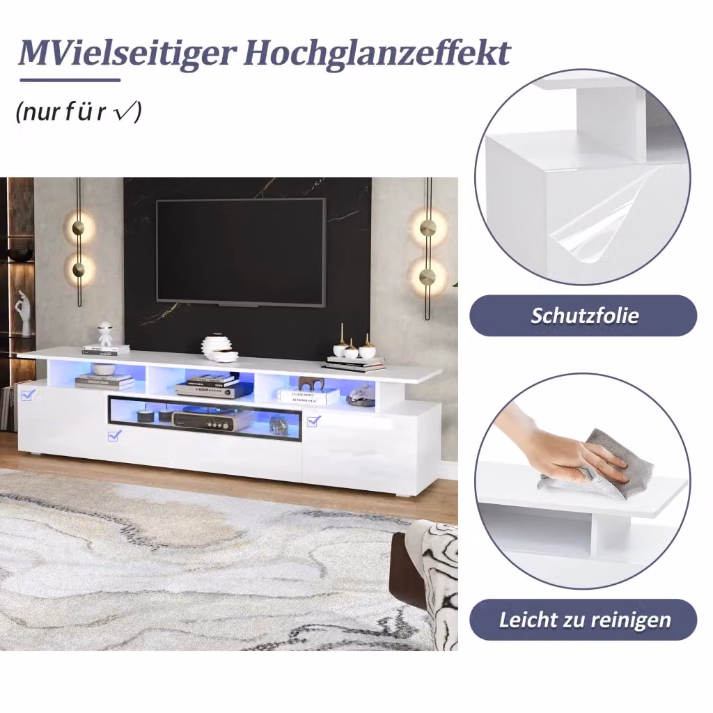 Mobile TV REDOM moderno bianco lucido con illuminazione LED integrata, L 180 cm x P 38 cm x H 45 cm – 2