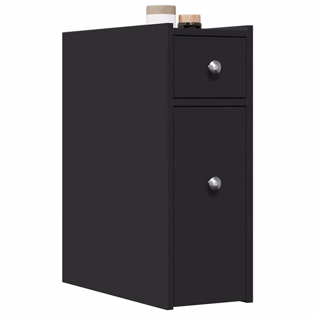 Armadietto da bagno stretto con ruote vidaXL nero in legno e MDF con ante e cassetti