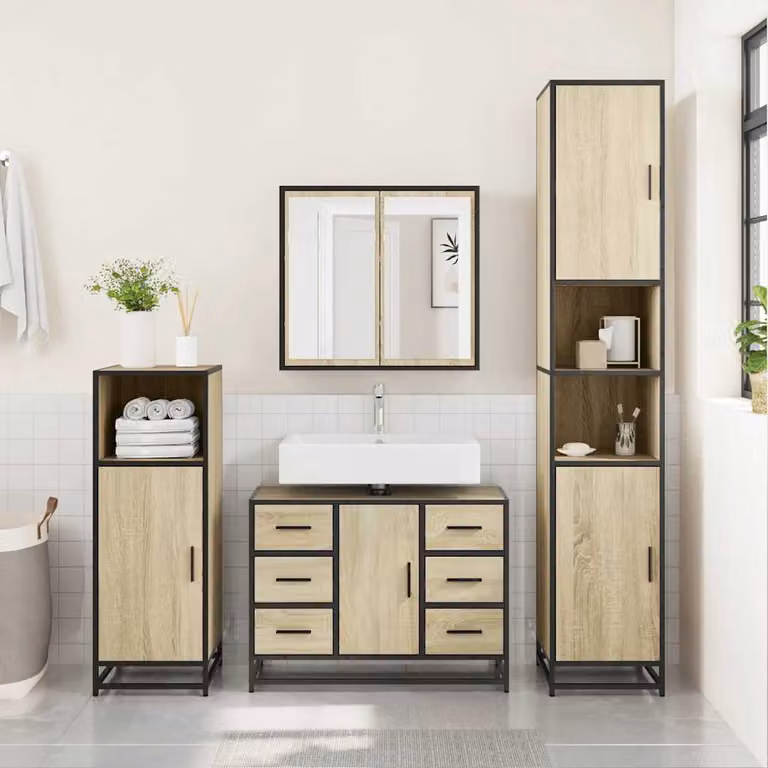 Lavabo da bagno sospeso vidaXL in rovere sonoma e metallo con ante e cassetti, L 60 x P 30 x H 60 cm