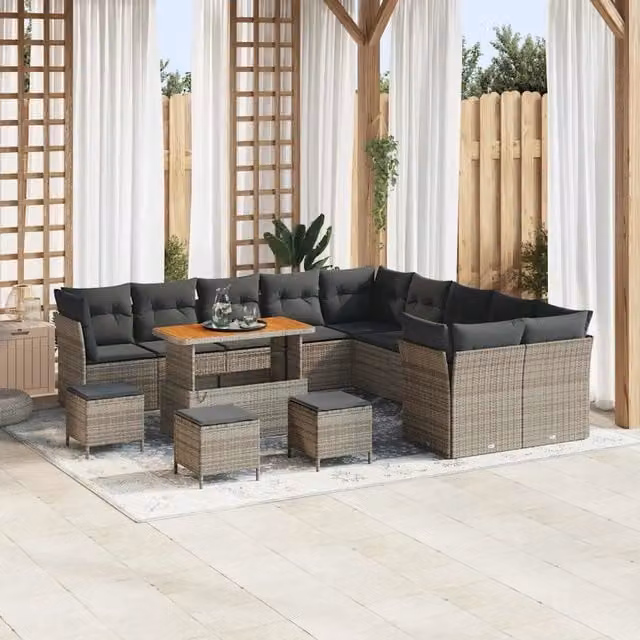 Set Divano da Giardino vidaXL 14 Pezzi Grigio con Poltrone, Ottoman e Tavolino da Caffè in Polyrattan e Acciaio – 1