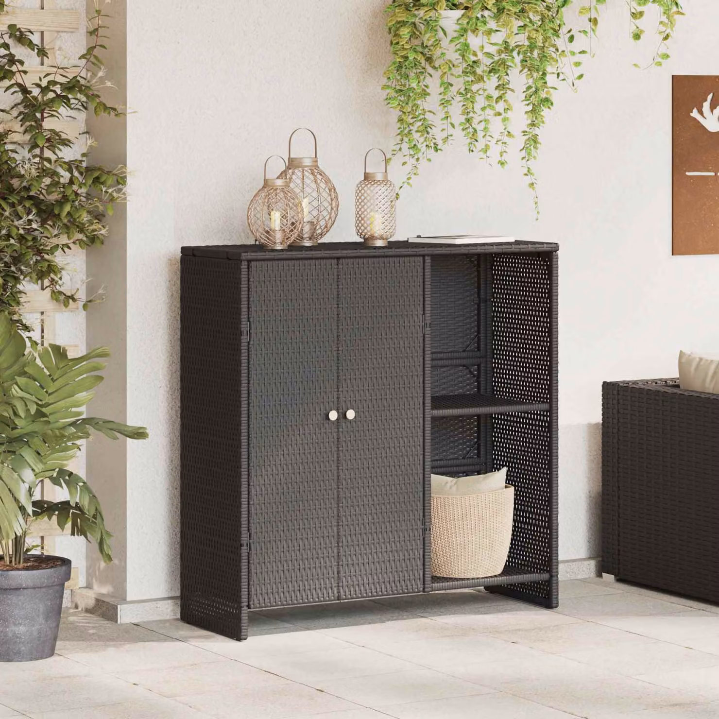 Armadio vidaXL con scaffale e ante in rattan nero per soggiorno L: 100 cm, P: 36 cm, H: 102 cm