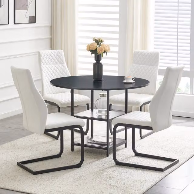 Tavolo da pranzo rotondo per 4 persone con 4 sedie doppio ripiano contenitore stile industriale nero e bianco 107 cm