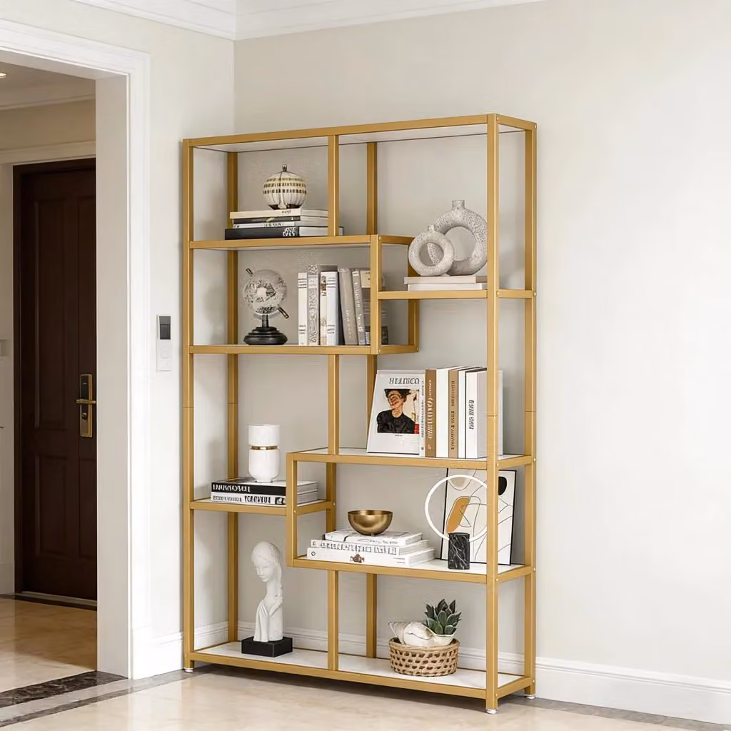 Libreria moderna WISHDOR con 8 ripiani in metallo oro e pannelli effetto marmo bianco, L: 100 cm, P: 20 cm, H: 180 cm – 2