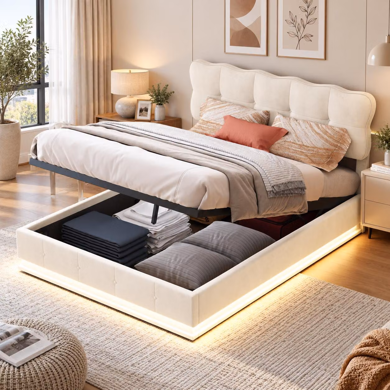 Letto imbottito INONEFT, 140x190 cm, con illuminazione LED, contenitore con sistema idraulico, struttura del letto con rete a doghe, senza materasso, in velluto, color beige