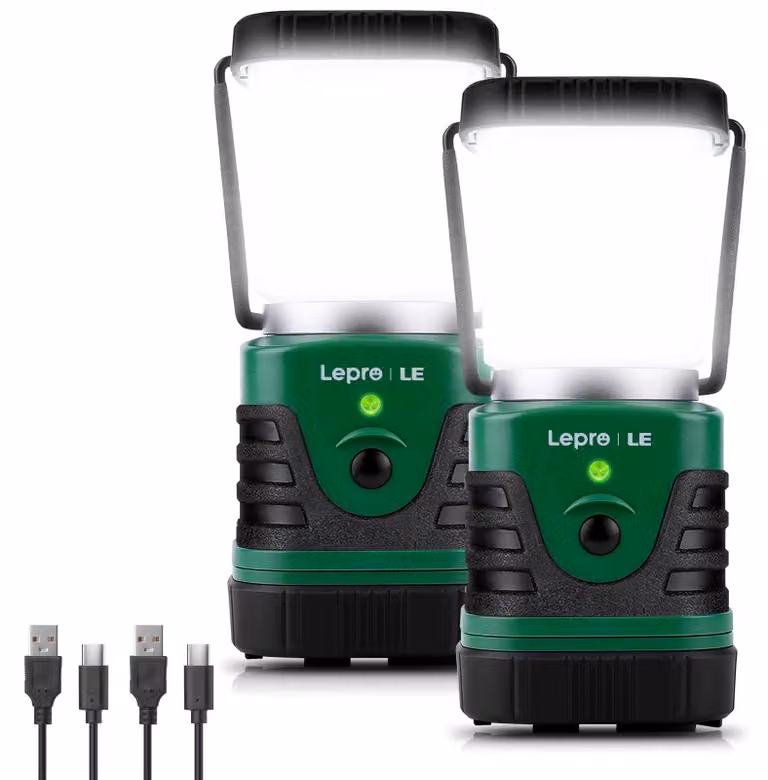 Lampade da campeggio ricaricabili, 4 livelli di luminosità regolabili, luce verde, confezione da 2