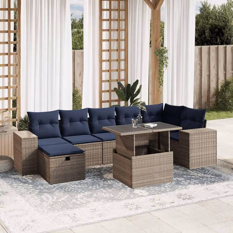 Set di divani da giardino vidaXL 8 pezzi in polyrattan con cuscini grigi e blu per esterno