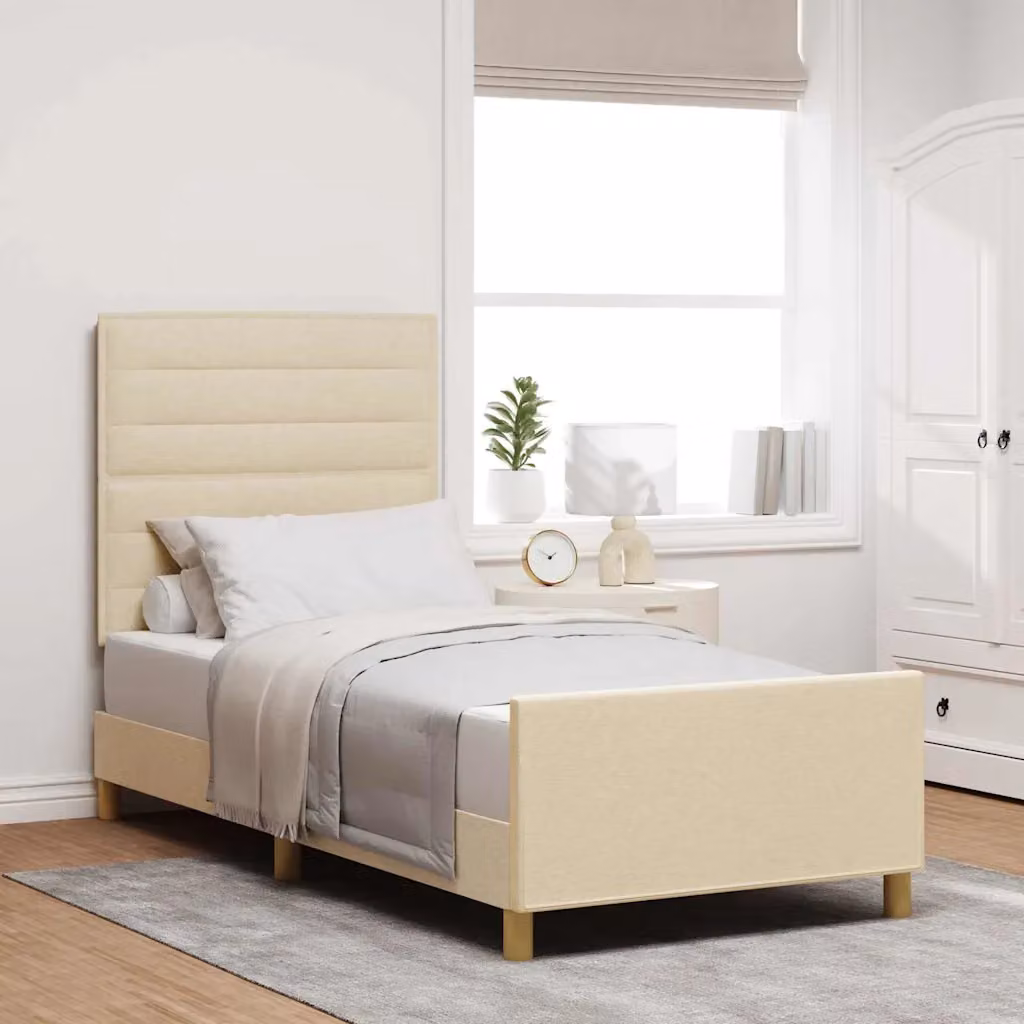 Struttura del letto con testiera vidaXL in tessuto beige e legno di pino, L 100 x P 200 cm