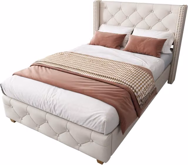 Letto singolo 90x200 in lino beige con testiera， rete a doghe， senza materasso