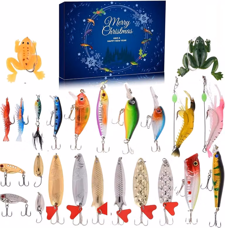 Calendario dell'Avvento a tema angeli – 24 giorni – Accessori per esche artificiali – 24 scomparti – Regalo di Natale per pescatori – Set di accessori per la pesca dei predatori