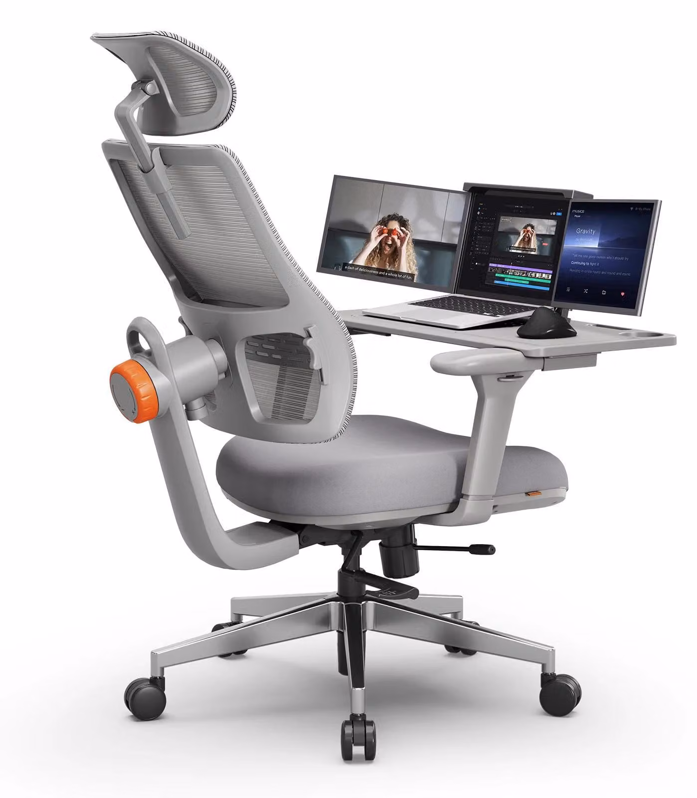 Sedia ergonomica con ripiano - Sedia da ufficio - Poggiatesta regolabile - Supporto lombare adattivo - Regolazione della profondità della seduta - Regolabile in altezza - Girevole con rotelle - Grigio