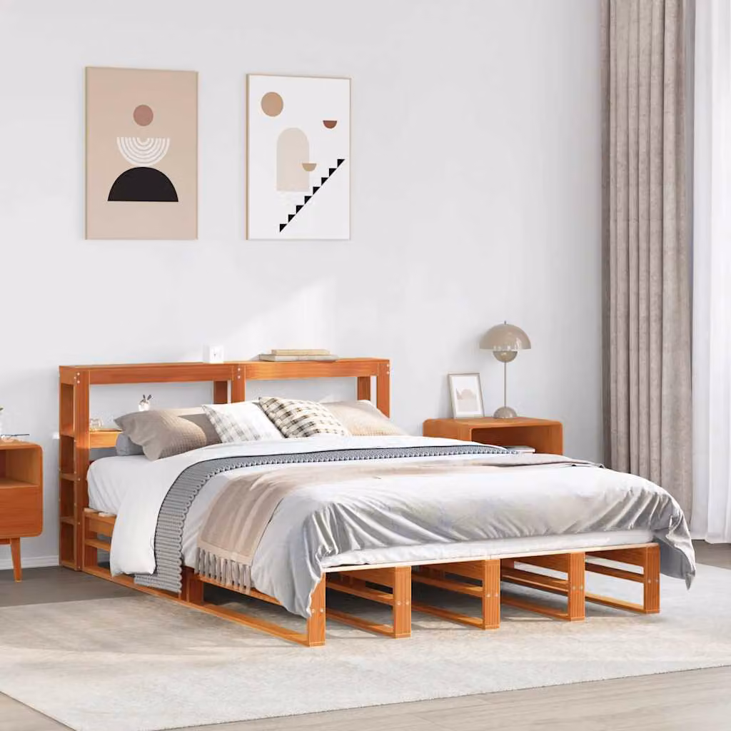 Giroletto con testiera vidaXL in legno massello di pino color marrone cera, L 140 x P 200 cm