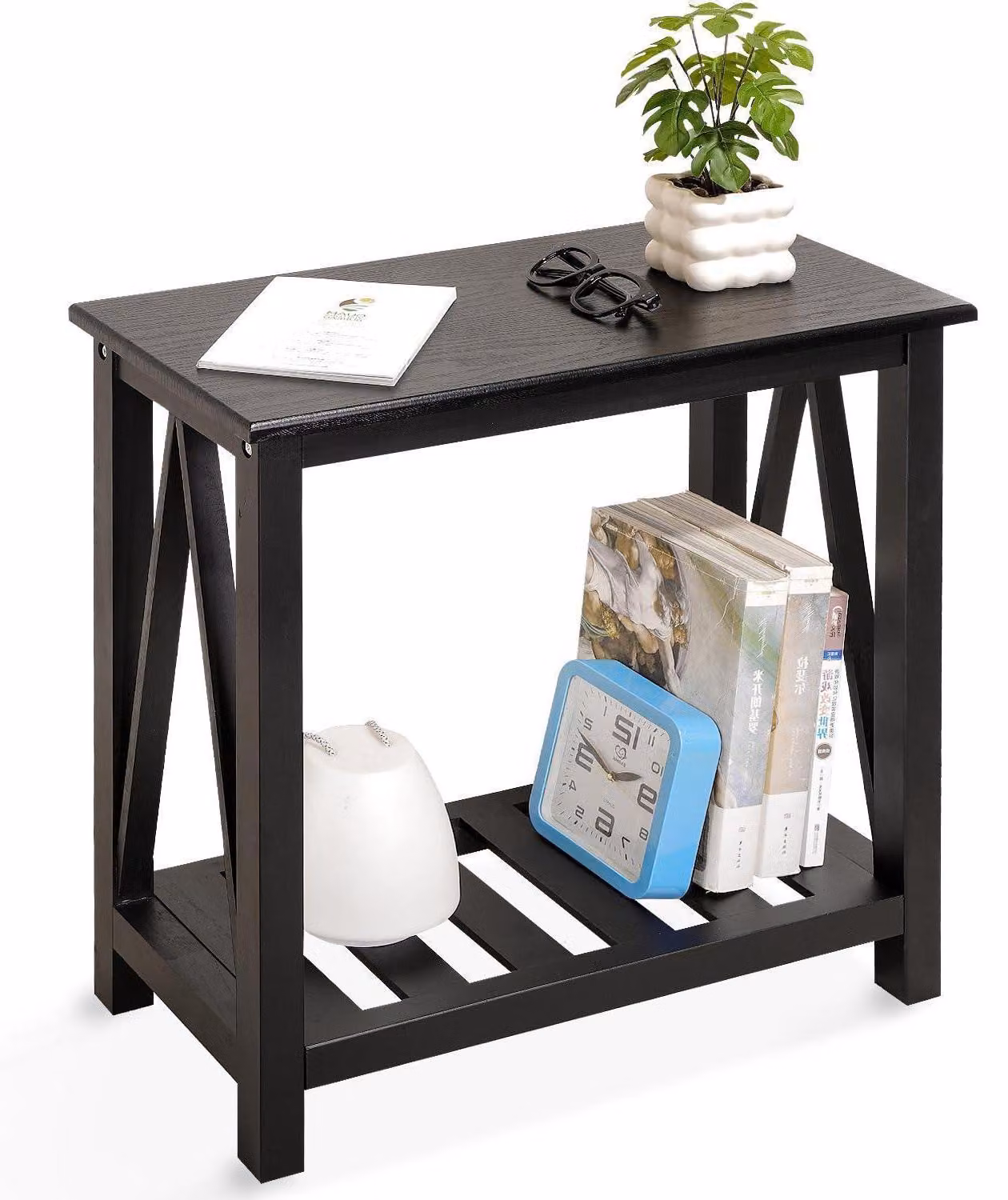 Tavolino laterale stretto con ripiano, in legno nero, dimensioni 61 x 30,5 x 61 cm