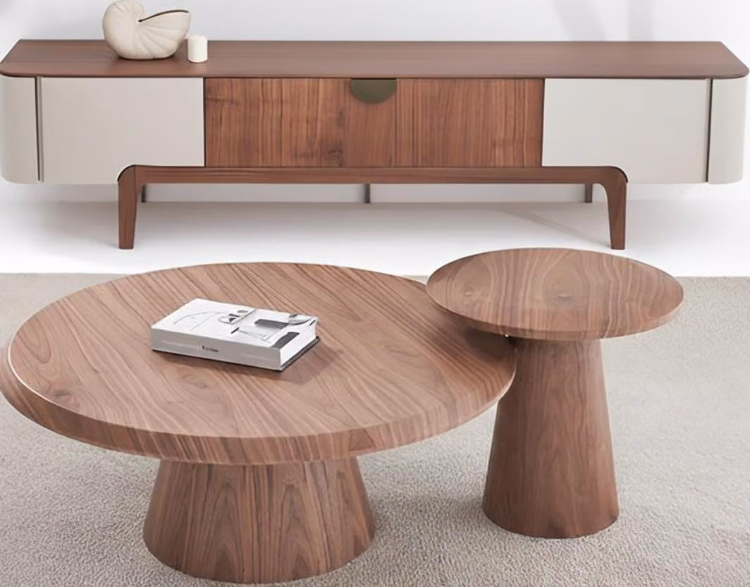 Modernes Wohnzimmer-Set brauner Sideboard runder Couchtisch Beistelltisch