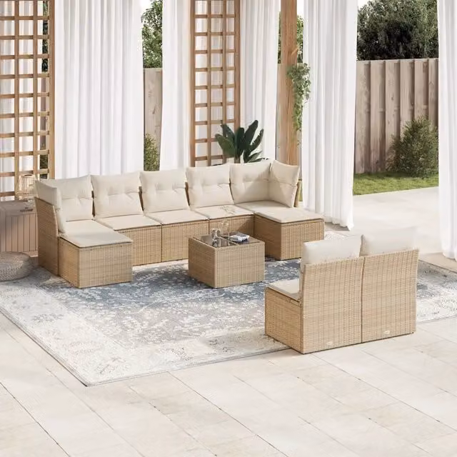 Set Divano da Giardino Moderno VIDAXL in Polyrattan Beige con 10 Pezzi e Cuscini – 1