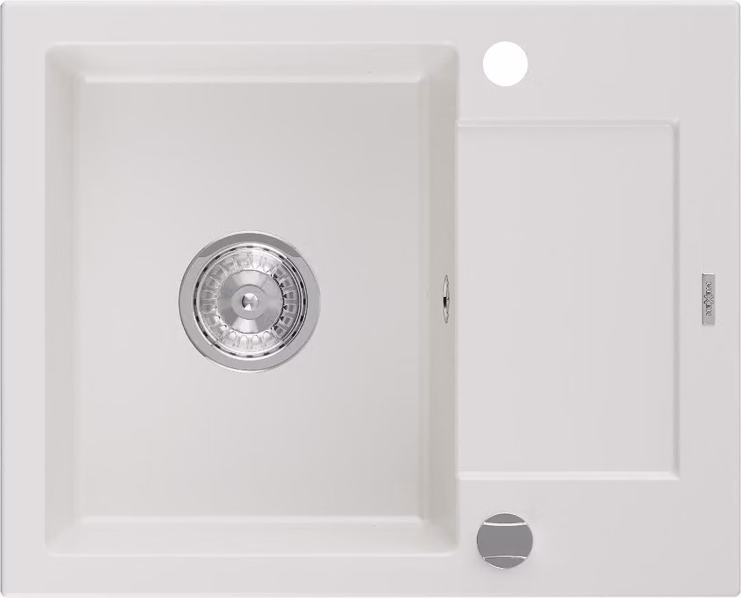 Mexen Enzo lavello in granito 1 vasca con scolapiatti 576 x 465 mm, bianco, sifone cromato - 6506571005-20