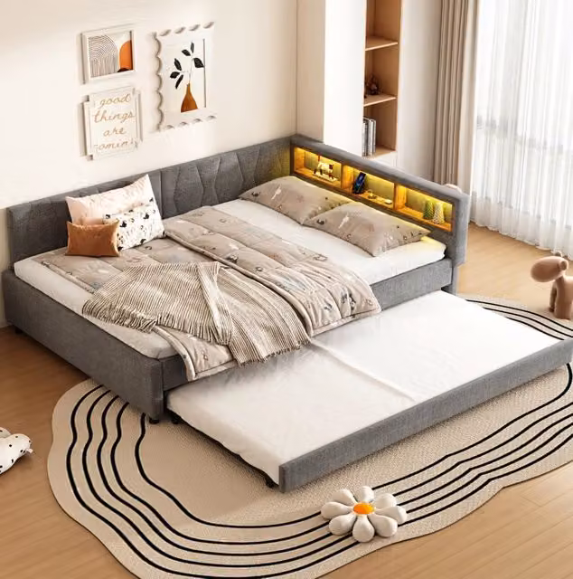 Daybed multifunzionale 140x200 cm in lino grigio con USB; LED e vani portaoggetti