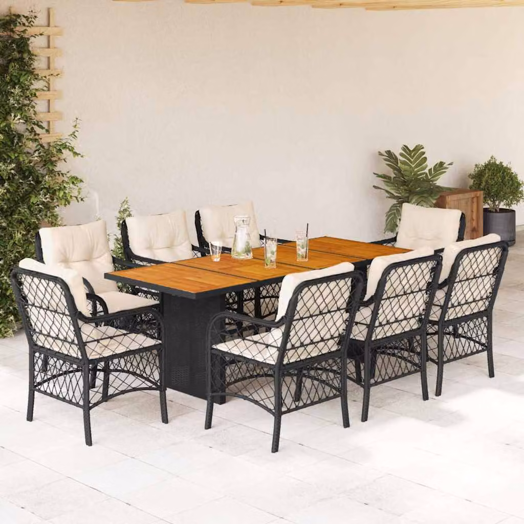 Set da Pranzo da Giardino vidaXL in Polyrattan Nero con Cuscini e Tavolo in Legno di Acacia, 9 Pezzi – 1