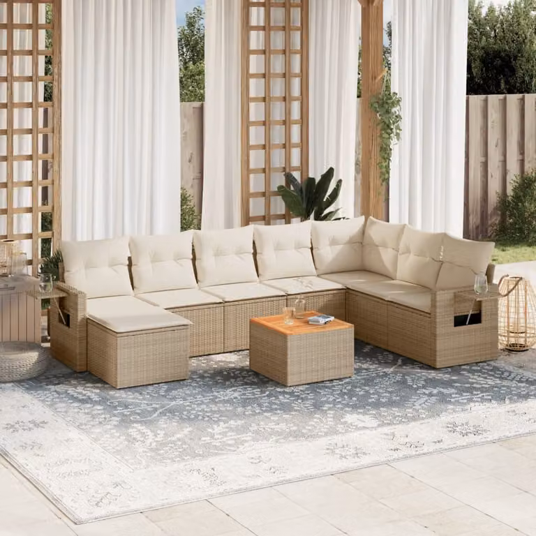 vidaXL Set Divano da Giardino 9 pz a Forma di L in Polyrattan con Cuscini Beige e Tavolino da Esterno