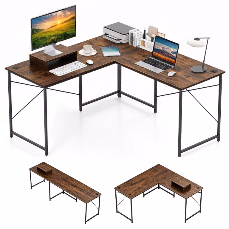 Scrivania a forma di L, scrivania d'angolo reversibile, scrivania d'angolo con fori per cavi e supporto CPU/monitor rimovibile, scrivania per computer da gaming, scrivania da ufficio