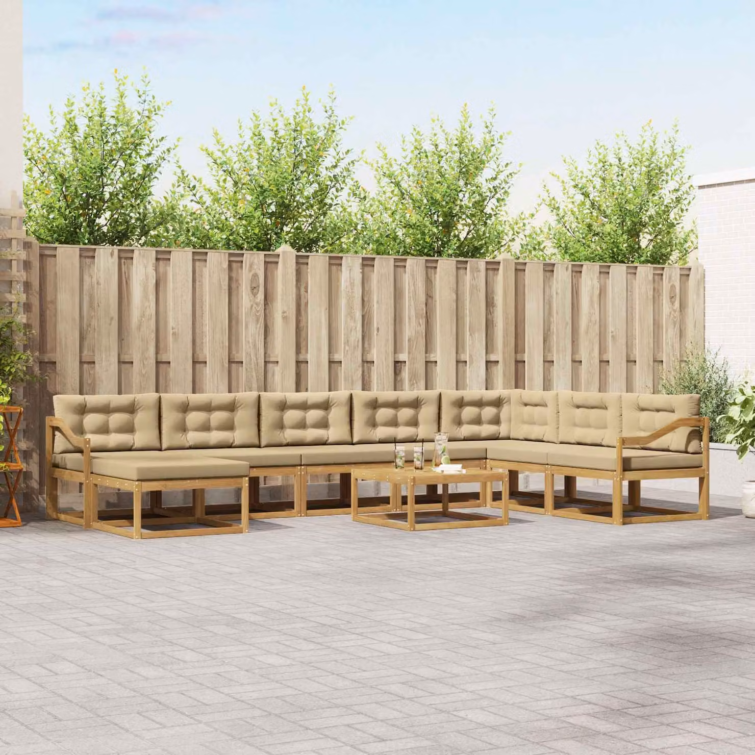 Set di divani da esterno vidaXL 9 pz in legno di acacia con cuscini Bianco, Beige e Marrone