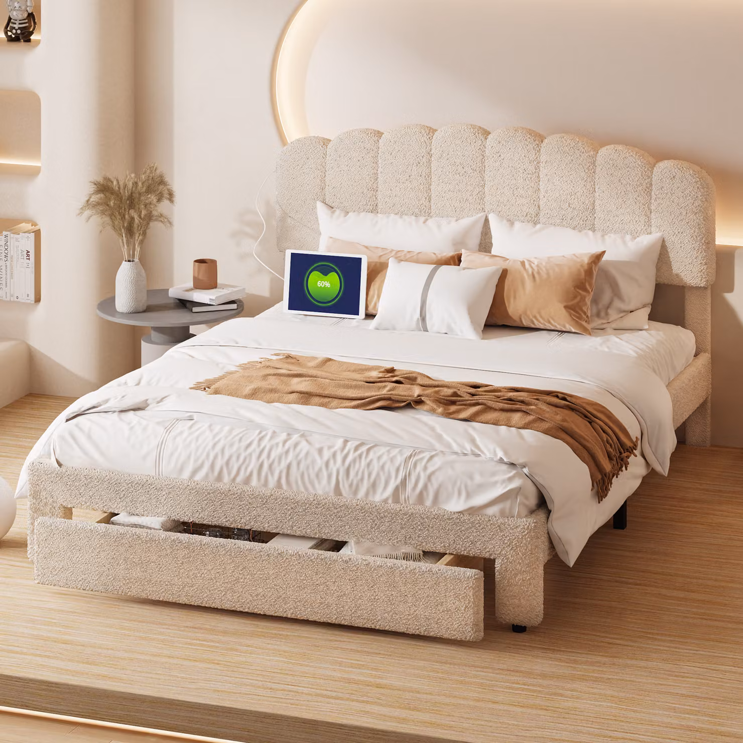 Letto matrimoniale imbottito 160x200cm con connessione USB e ampi cassetti - Tessuto Sherpa - Beige