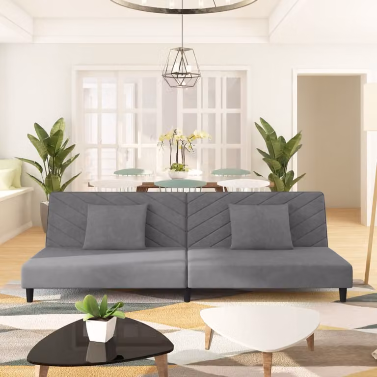 vidaXL Divano Letto Click-Clack in Velluto Grigio con 2 Cuscini e Struttura in Legno Massello, L/P/H: 200 x 90 x 69 cm
